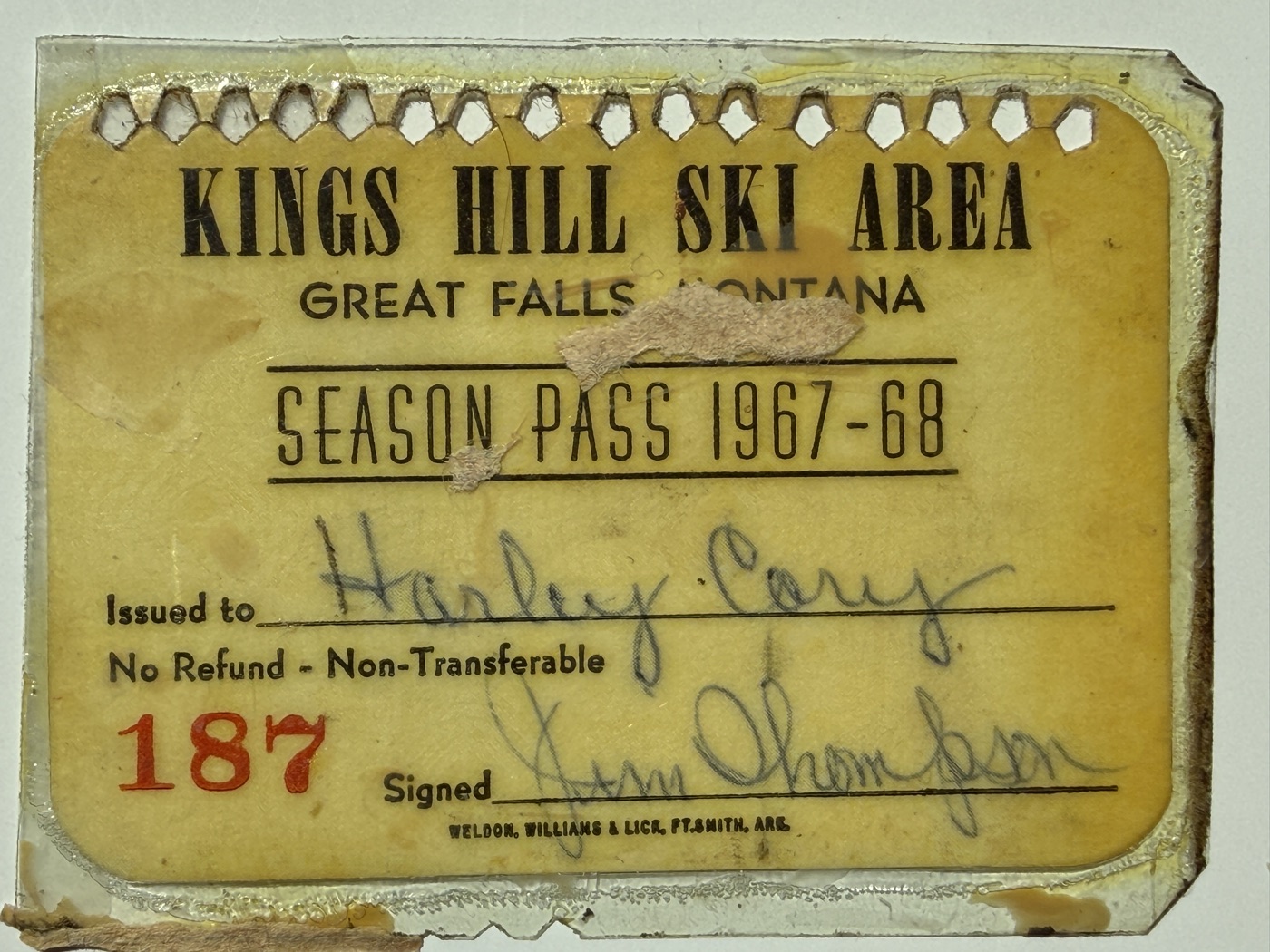 A 1967-68 Kings Hill Ski Area season pass